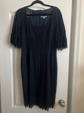 ANTONIO MELANI Navy Lace Midi Dress with Flutter Sleeves